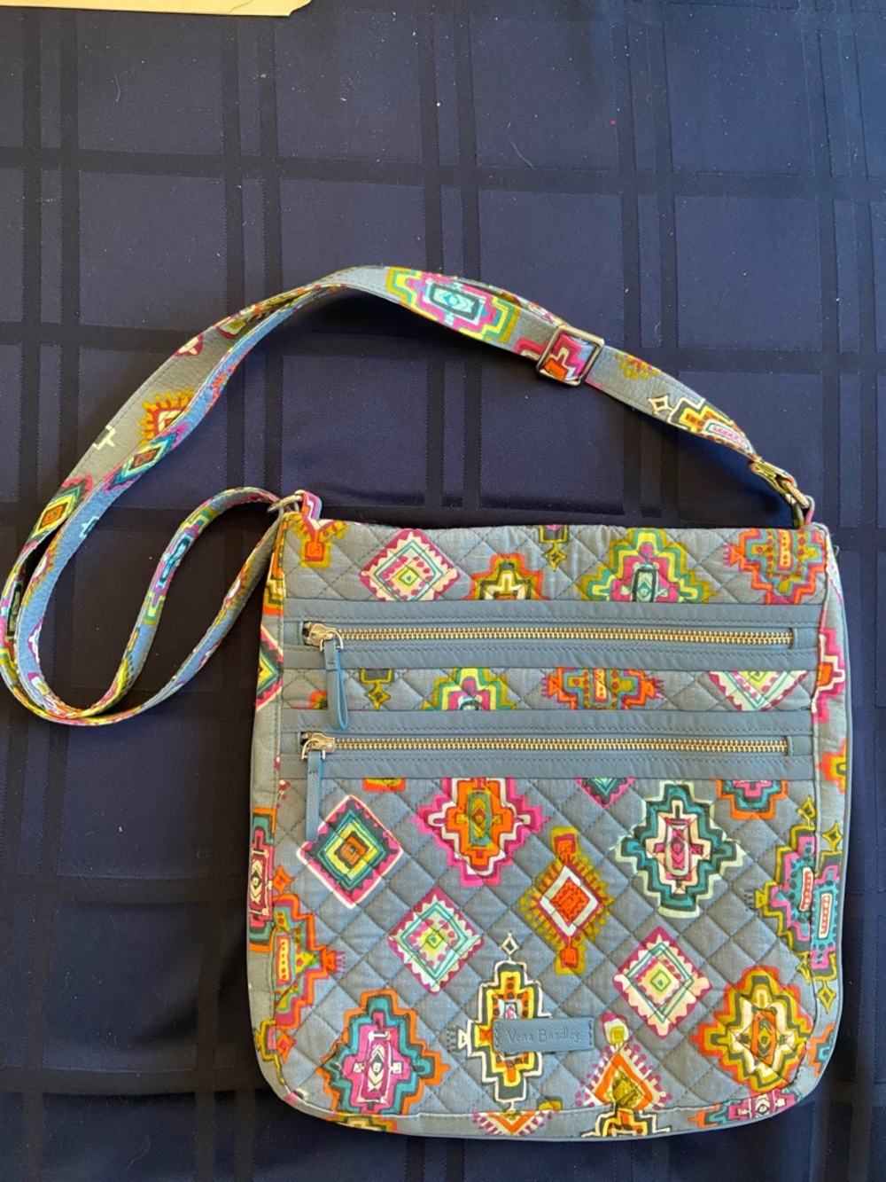 Quilted Crossbody Bag in Gray with Multicolor Geometric Print